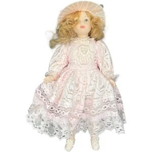 Porcelain Girl Doll in Blush Pink Lace Dress with Sunburst Hat